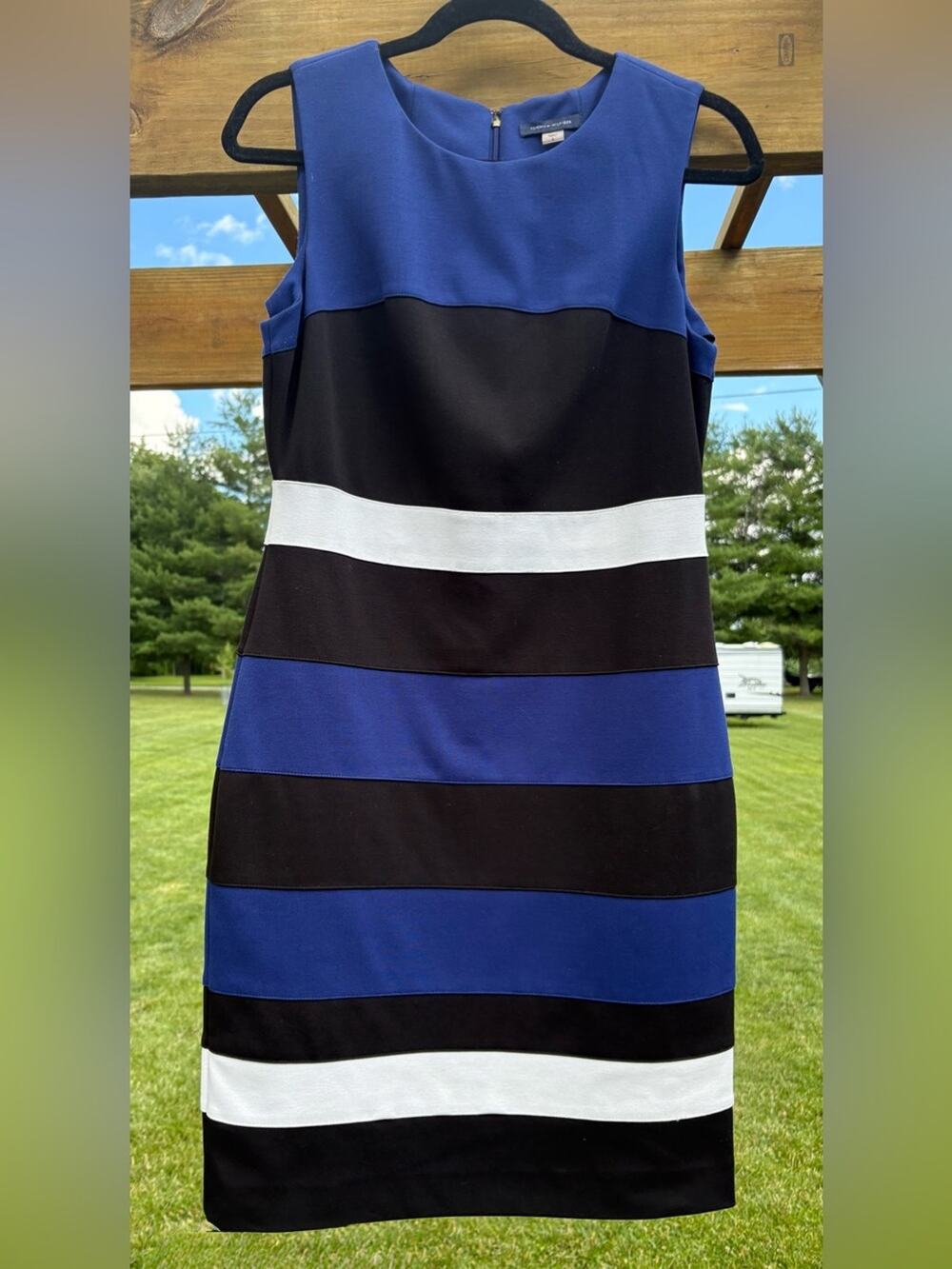 Tommy Hilfiger Sleeveless Blue, Black & White Striped Sheath Dress size 8